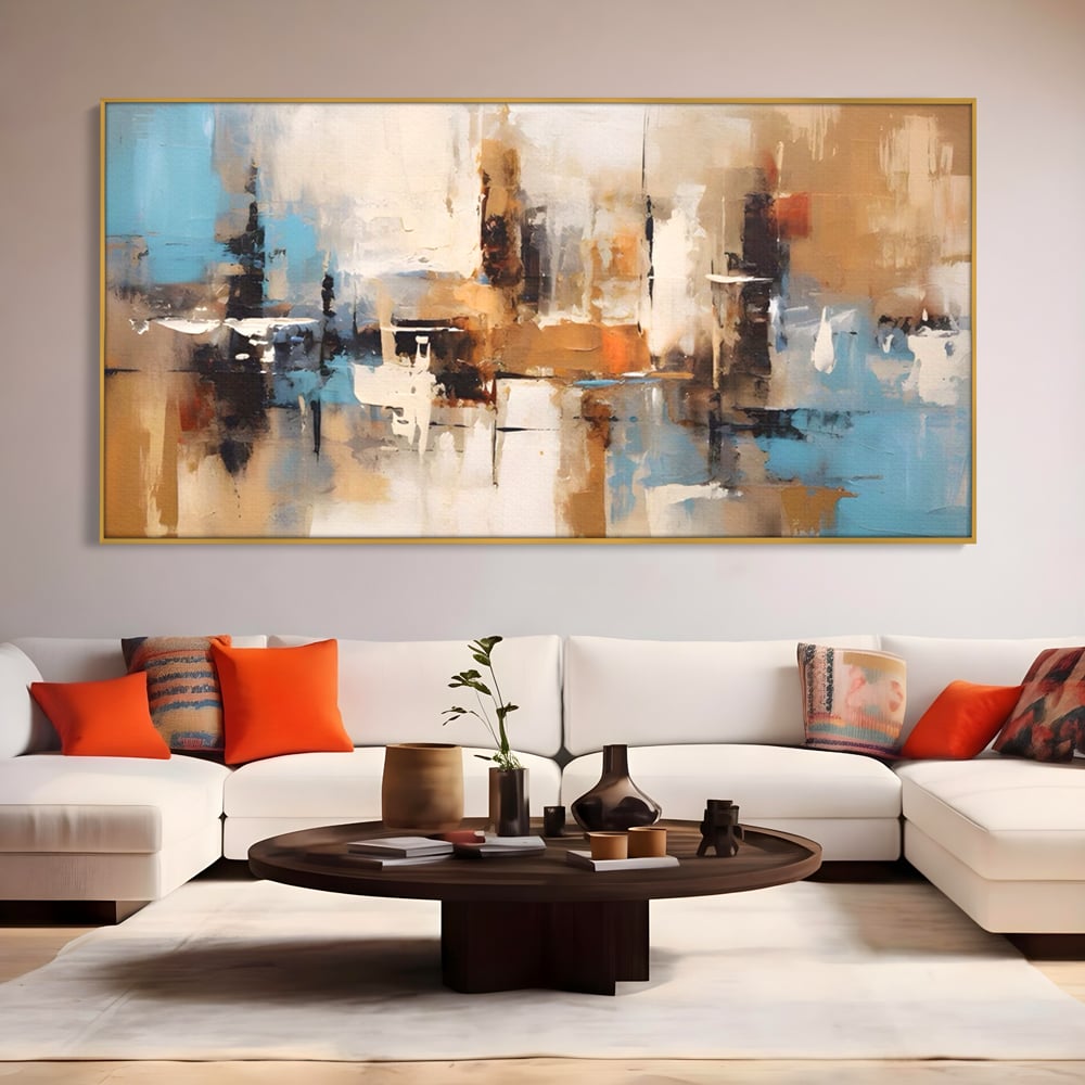 Tablou canvas cu pictura abstracta cu linii verticale, in rama de aluminiu auriu, pe perete intr-un living